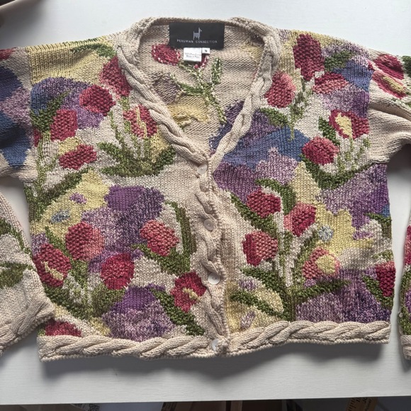Peruvian Connection Pima Cotton Floral Knit Cardigan Sweater –‎ Size S Cream - Picture 9 of 9